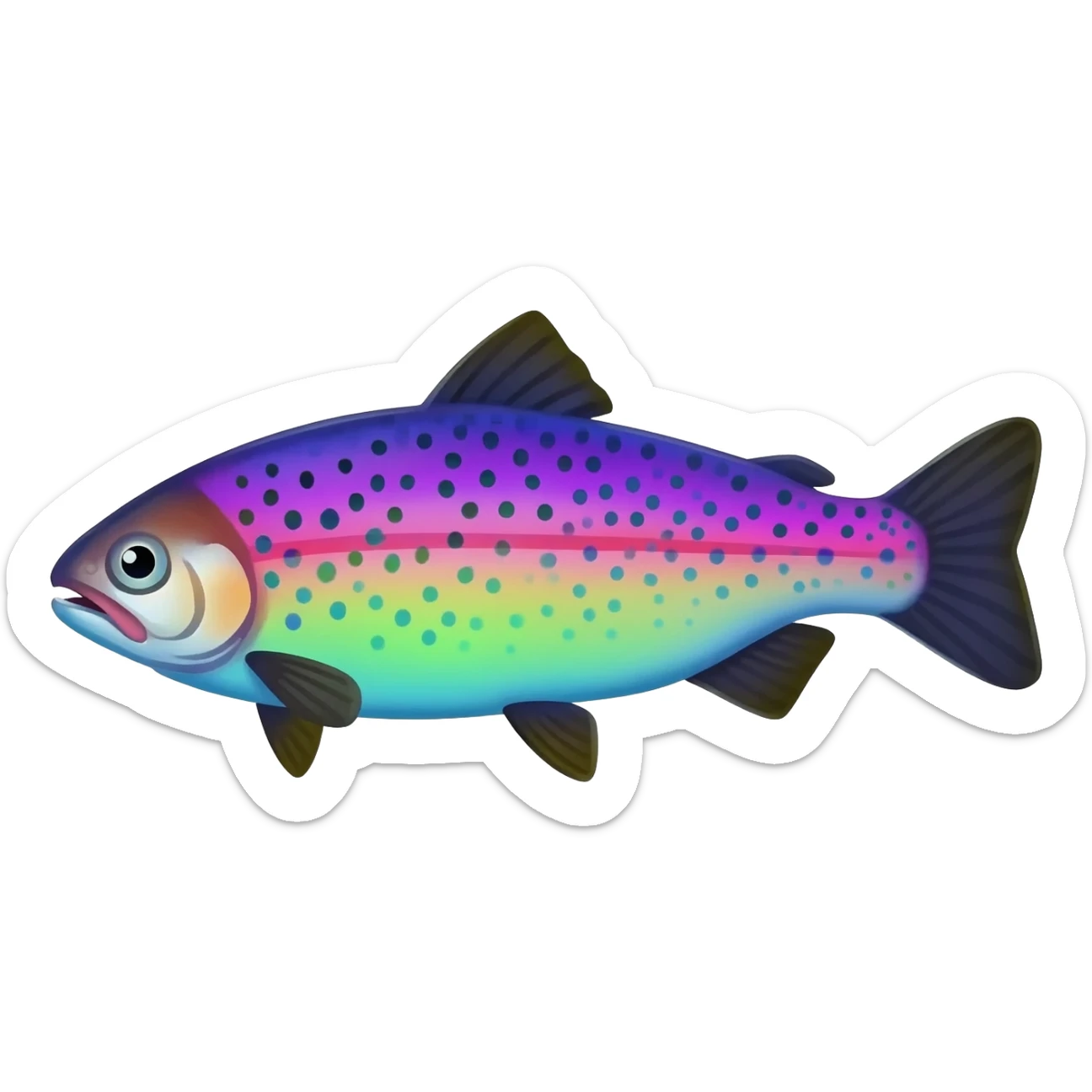 whole rainbow trout fish with spots facing left bright purple blue green yellow white sticker