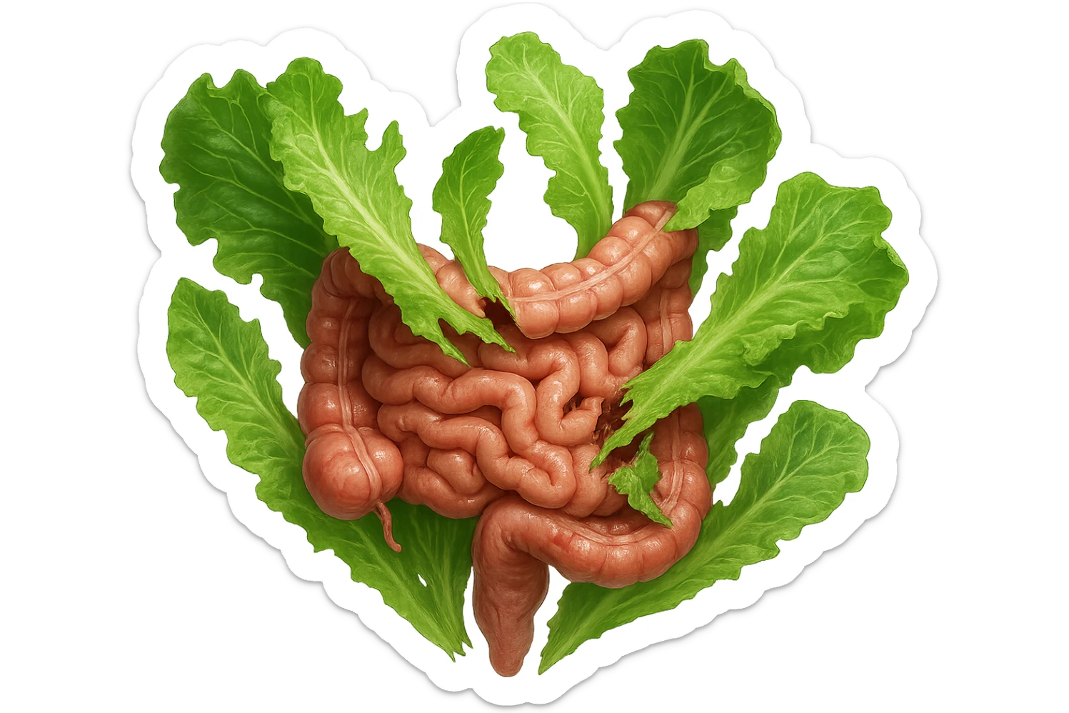 foglie di insalata che attaccano un intestino anatomico umano per distruggerlo, iperrealistico sticker