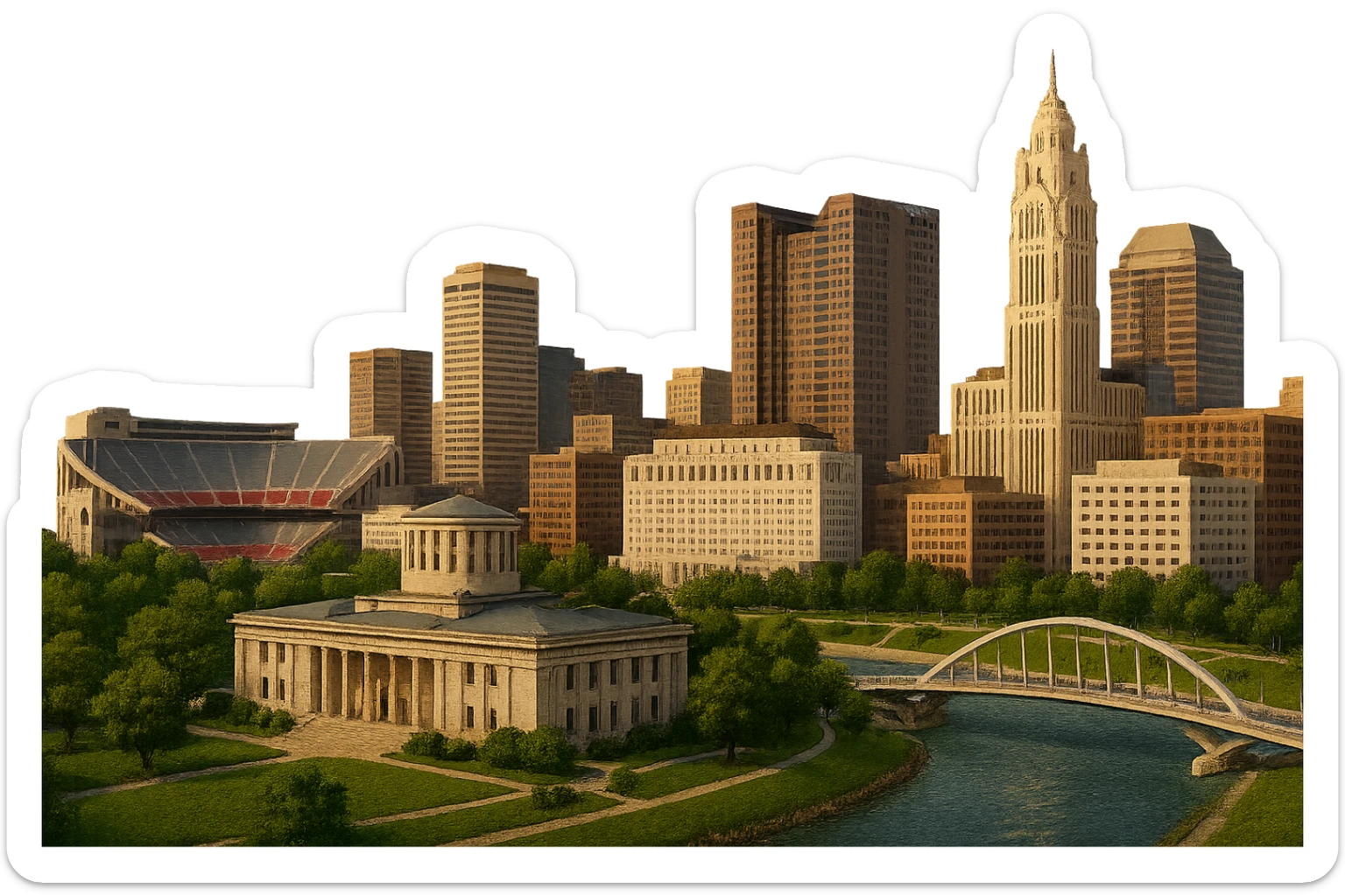cinematic realistic emoji of Columbus Ohio wide city view with iconic landmarks Ohio Statehouse Ohio Stadium LeVeque Tower Scioto Mile lifelike detail accurate colors bright daytime lighting no sky no clouds no city name label sticker