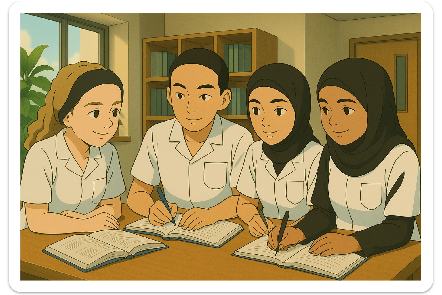 Personnaliser le groupe de quatre étudiants infirmiers, style Ghibli, en train de collaborer à l'intérieur, en utilisant les visages des quatre photos fournies, uniformes blancs à manches courtes, tuniques médicales col en V, poche poitrine à gauche, pas de pied de col, pas de stéthoscopes, avant-bras nus, cheveux longs attachés pour celles qui en ont. Décor intérieur moderne, ambiance positive. sticker