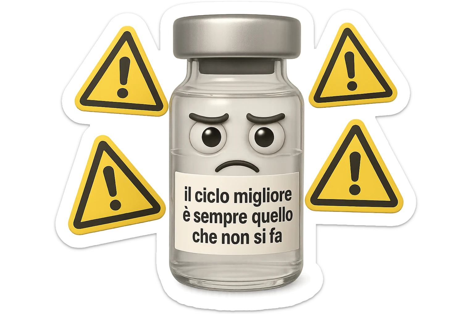 SU QUESTO STILE FAI UN EMOJI STILE IPHONE 3D DI UNa boccetta di fiala medica attorno alla quale fluttuano segnali di pericolo, sull'etichetta della boccetta c'è scritto "il ciclo migliore è sempre quello che non si fa", FALLO MOLTO REALISTICO IN 3D sticker