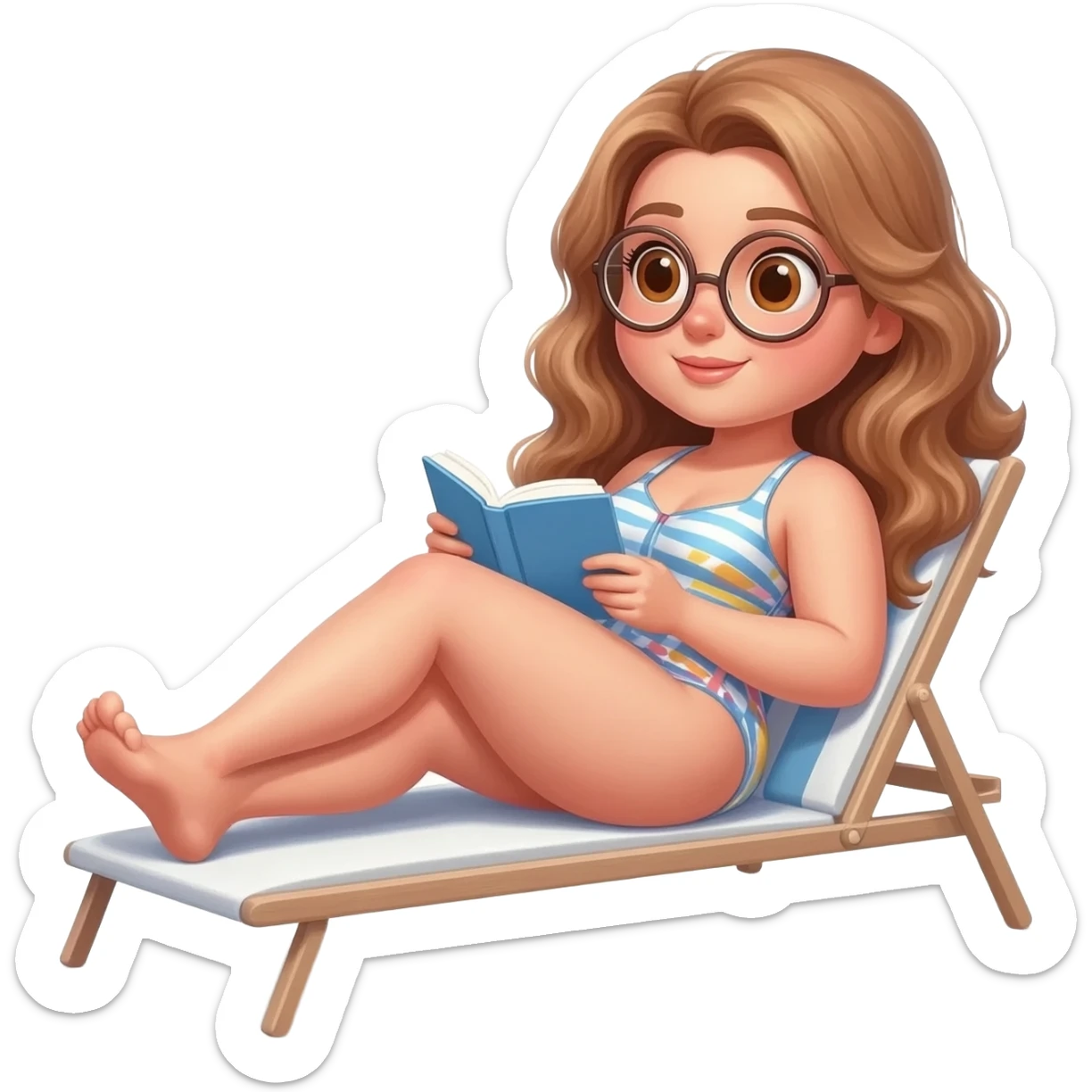 detailed emoji illustration of a curvy woman with long light brown wavy hair and light brown eyes wearing round glasses, relaxing on a lounge chair in a swimsuit while reading a book, sunny summer atmosphere, emoji style sticker