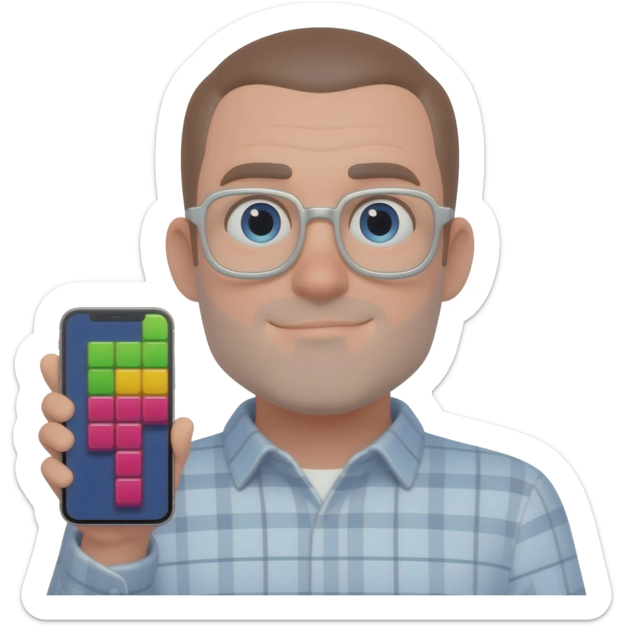 A man in glasses holding iphone with screen tile-matching game sticker