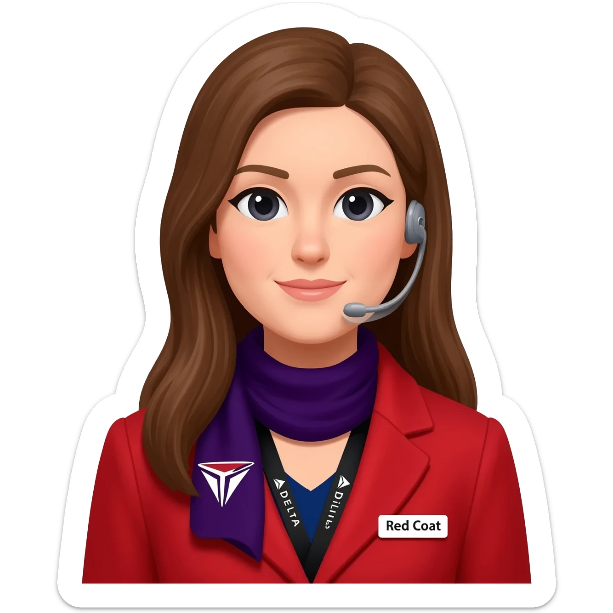 A Delta Air Lines Customer Service Agent - name tag: Red Coat - light skin, long brown hair, black lanyard with the Delta Air line name - and a dark purple thin scarf around the neck with the delta air line logo sticker