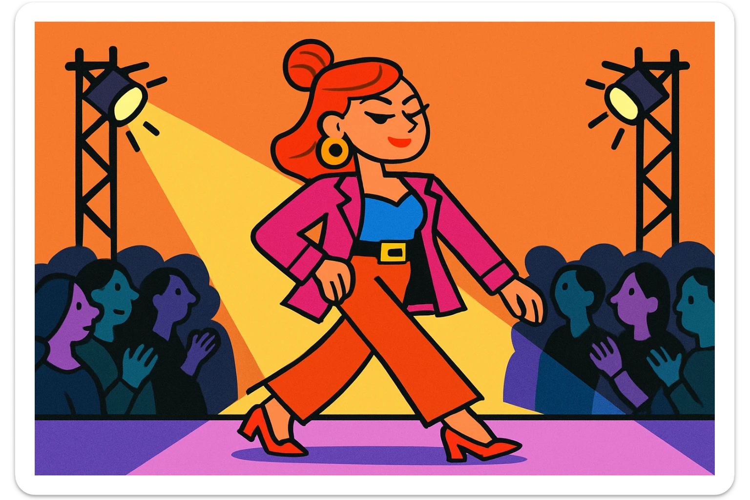 stylized cartoon woman strutting on a fashion runway, horizontal layout, spotlight, confident expression sticker