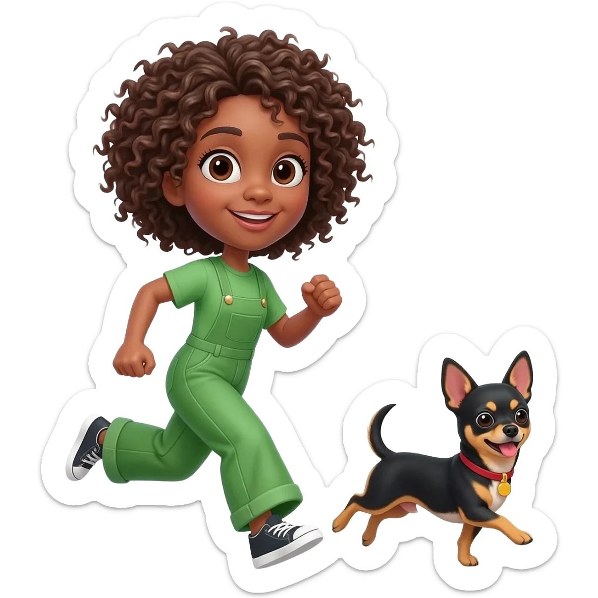 Une fille. Cheveux bouclée. Porte à maillot. Vert. Avec un chihuahua noir marron poil courut c'est une fille daisy tous les 2. Avec sa maîtresse avec. Et moi mmatichienne sticker