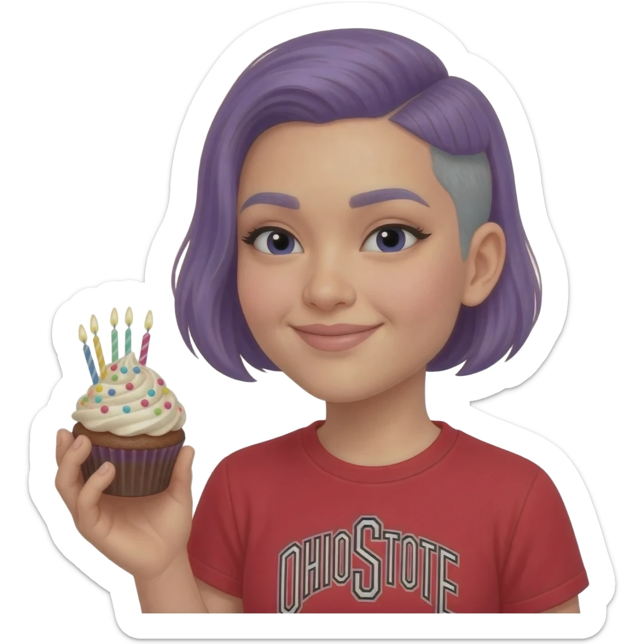jewish asian woman with short shaved on one side purple and gray hair in ohio state shirt holding cupcake with a birthday cancle sticker