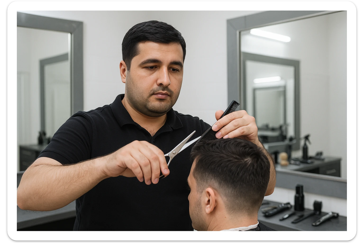 shu odamni sartaroshxonada mijozlarni sochini olayotganin  tasvirlab ber juda yosh ham katta ham bo'lmasin semiz ham bo'lib ketmasin sticker