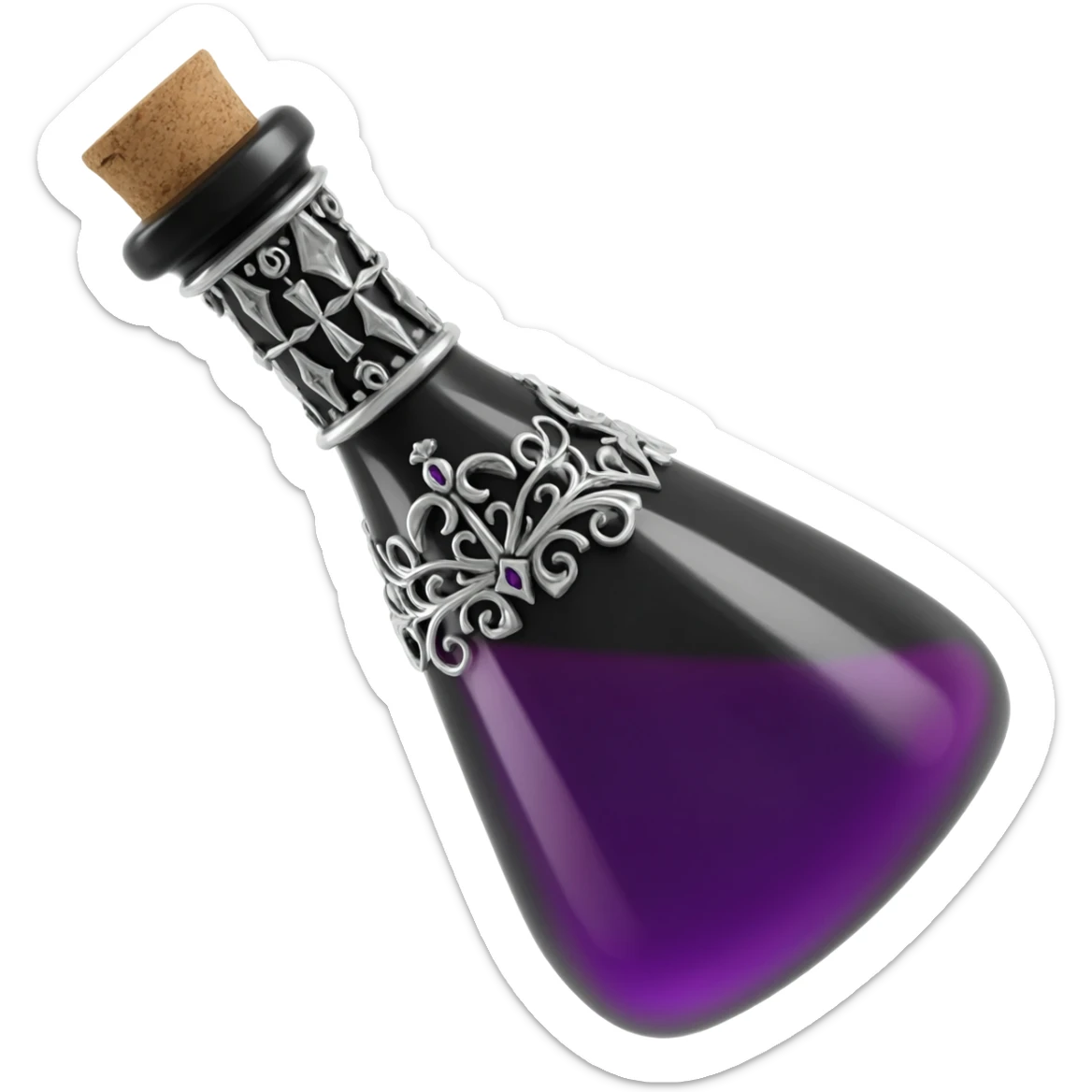 a black potion bottle a little rotated with a cork and decoration sticker