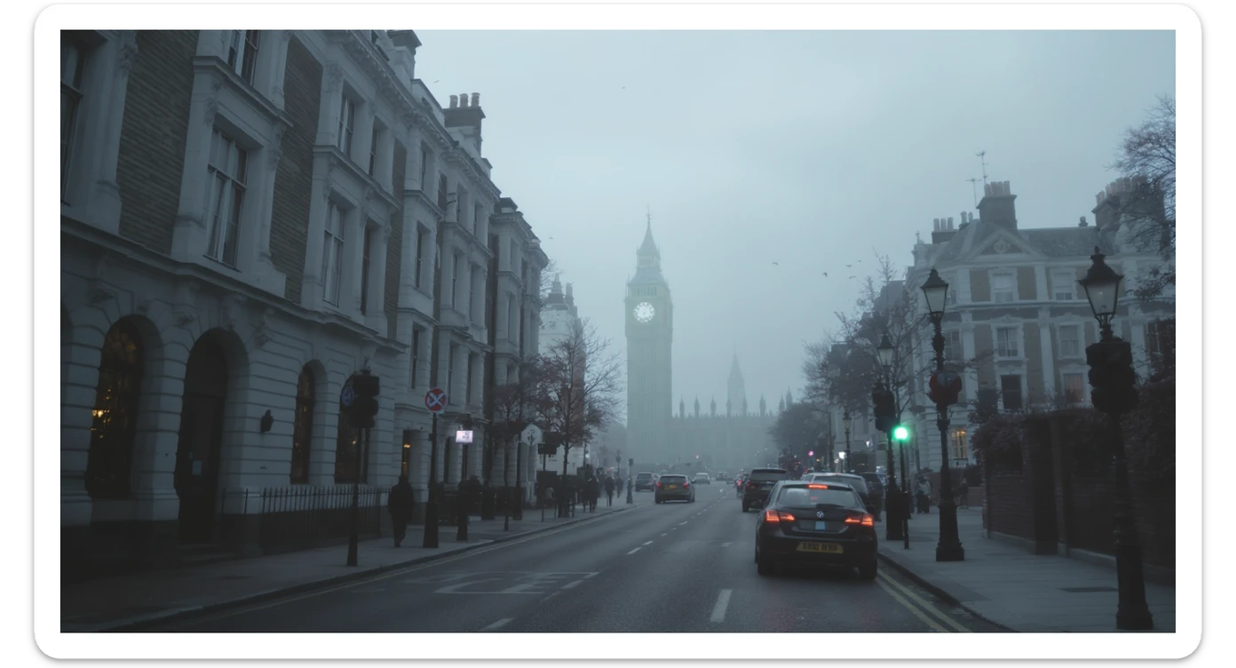 Cinematic shot of a london street, cloudy foggy day, soft light, leading lines to big ben in distance, multi composition, in foreground blurred car, on second street around UK bulding, od another plan in distance big ben, birds flying, artistic look, captured on arri alexa 35 sticker