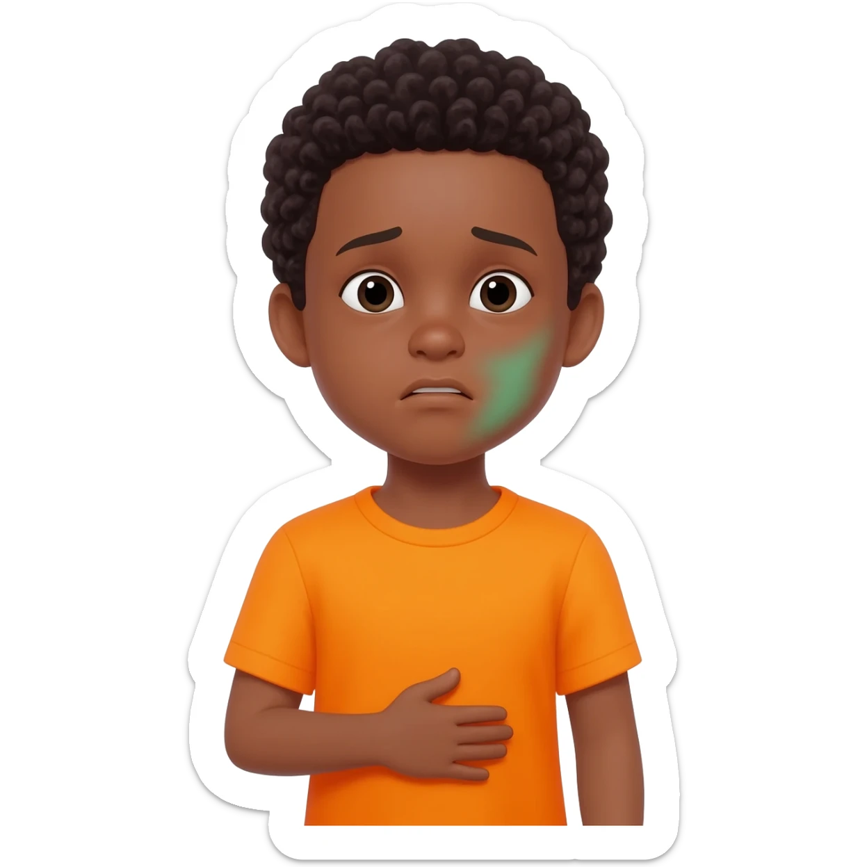 black boy curly hair orange shirt feel sick hand on stomach green face sticker