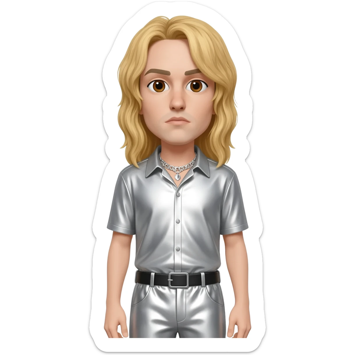 Bill Kaulitz with brown eyes, long blonde hair, silver metallic shirt, silver metallic baggy pants, silver necklace sticker