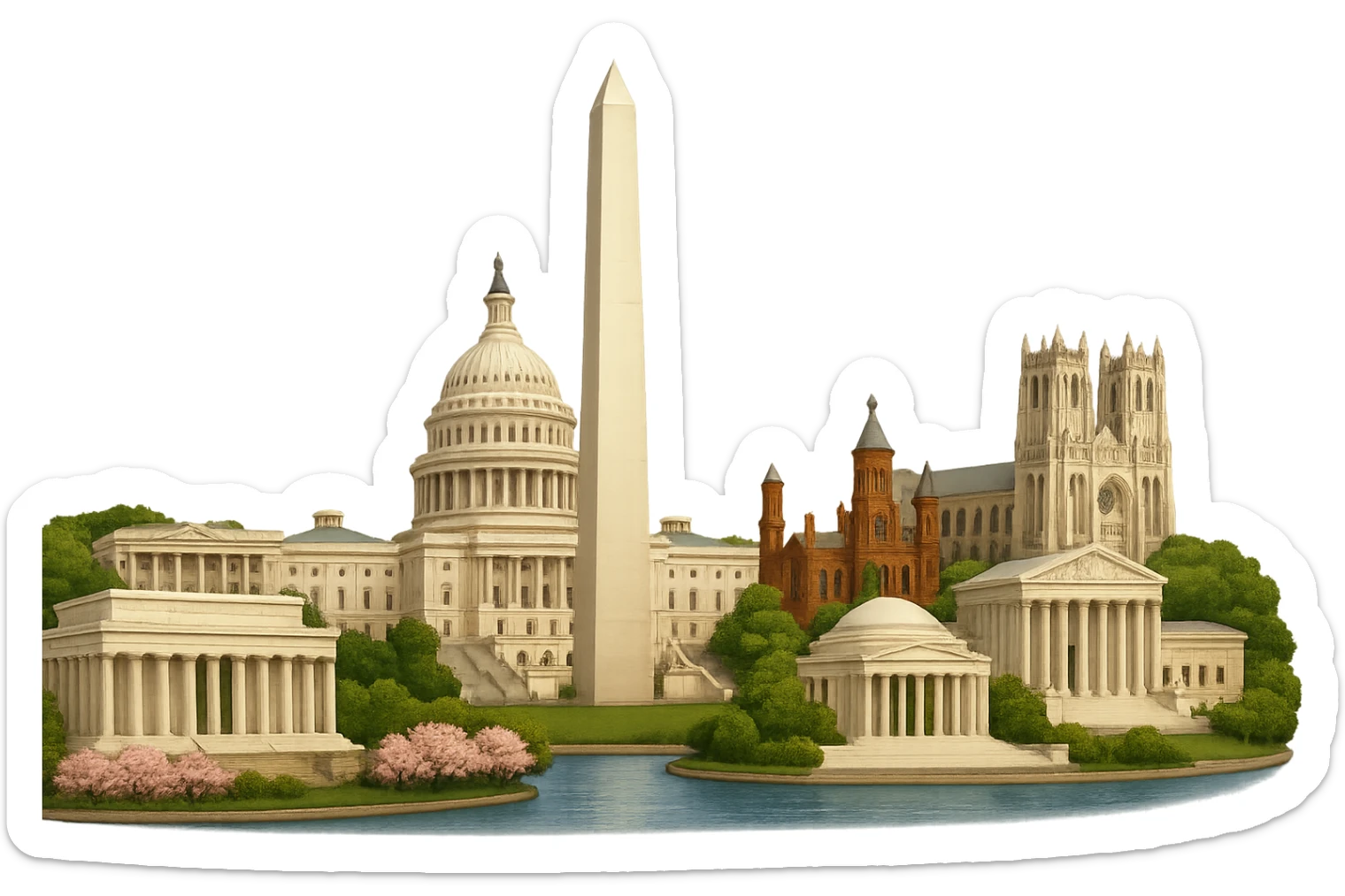 cinematic realistic emoji of Washington DC, panoramic cityscape with US Capitol, Washington Monument, Lincoln Memorial, Jefferson Memorial, White House, Smithsonian Castle, National Cathedral, Supreme Court, Tidal Basin with cherry blossoms. Lifelike detail, accurate colors, bright daylight, no sky, no clouds, no text, transparent background sticker