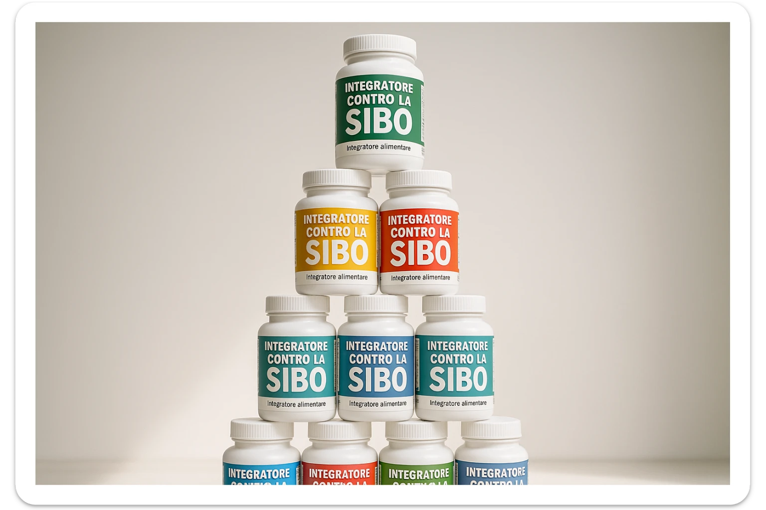 montagna di barattoli di integratori contro la SIBO con etichette in italiano sticker