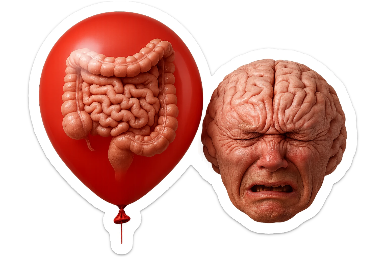 intestino umano anatomico chiuso in un palloncino rosso che simboleggia gonfiore, accanto un cervello stressato, iperrealistico 4k sticker