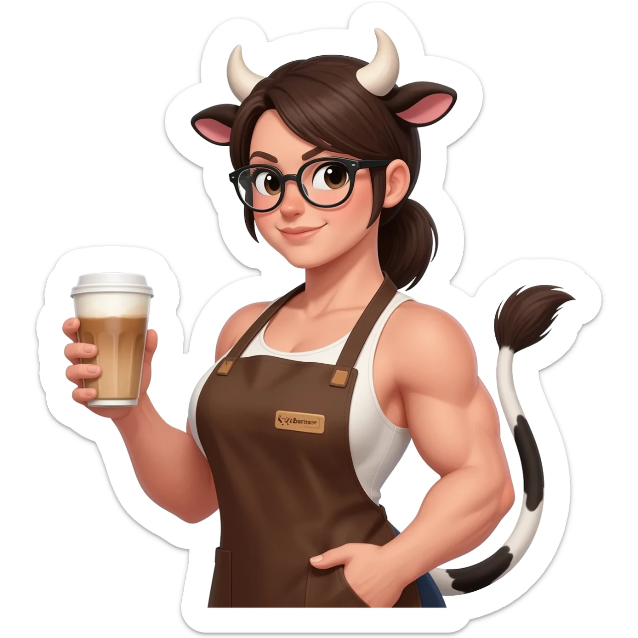 big buff woman in glasses with low ponytail with extra large fat tits with cow ears and cow tail dressed like barista in brown apron with latte in his hand sticker