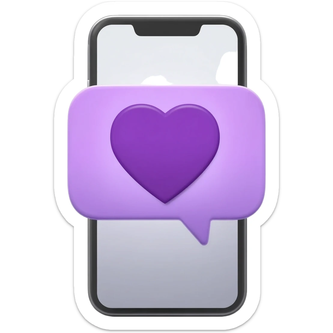 An iPhone with a purple speech bubble emoji containing a purple heart sticker