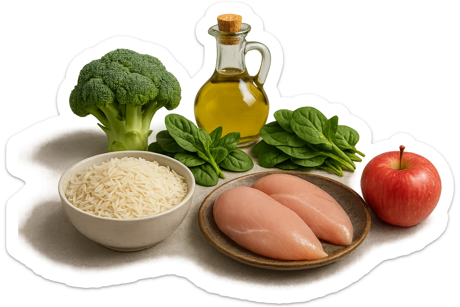 Riso basmati
Petto di pollo
Verdura fibrosa verde
Olio EVO
Mela
poggiati sul tavolo sticker