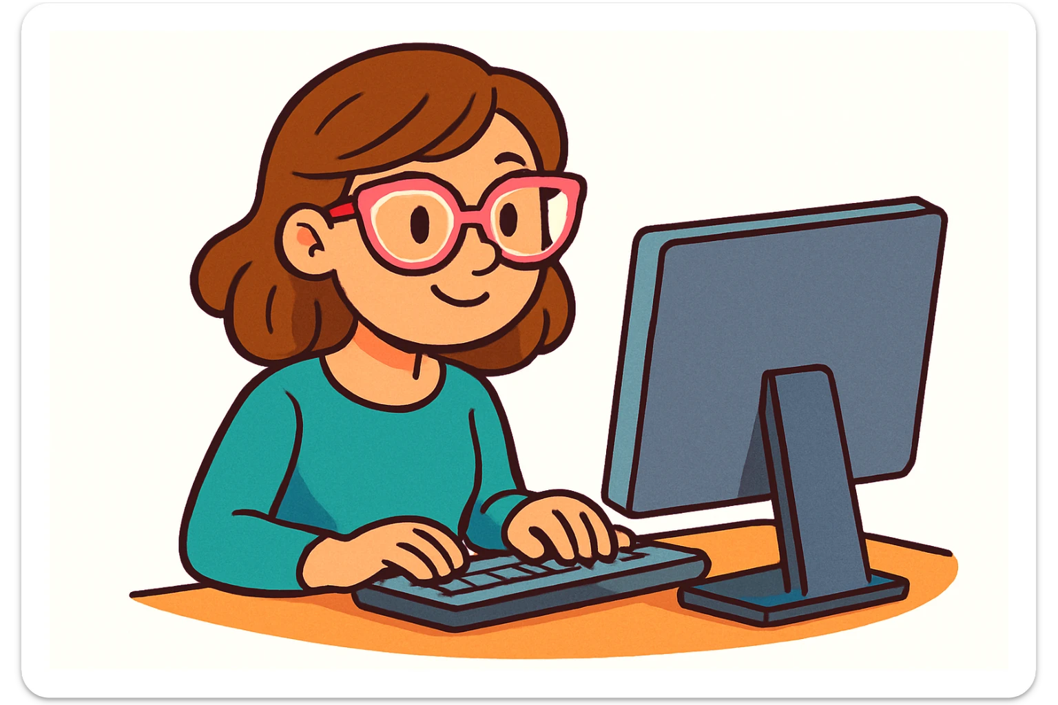 woman with light pink glasses working on computer, light skin, brown hair, colorful cartoon style, white background sticker
