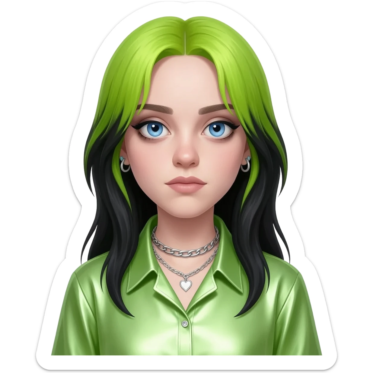 Billie Eilish with blue eyes, long lime green and black hair, light green metallic sweetheart shirt, silver necklace and short earrings sticker