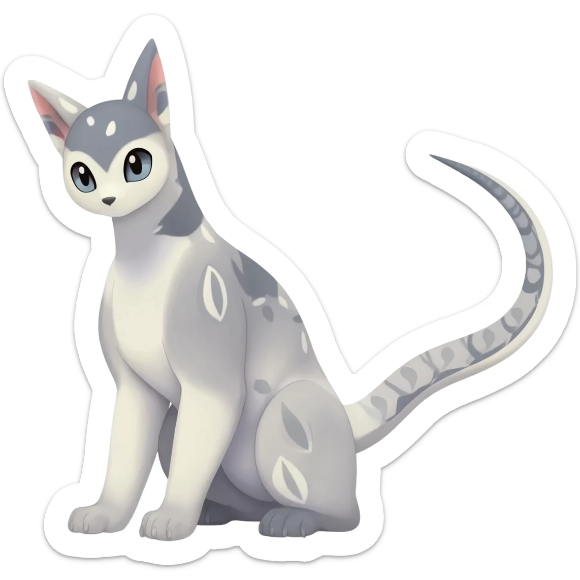 Cute realistic albino Minccino-Lykoi-Emolga-Pachirisu-Zangoose-fusion-hybrid-animal-Fakémon-creature, full body, thin long sleek scaly tail, intricate markings sticker