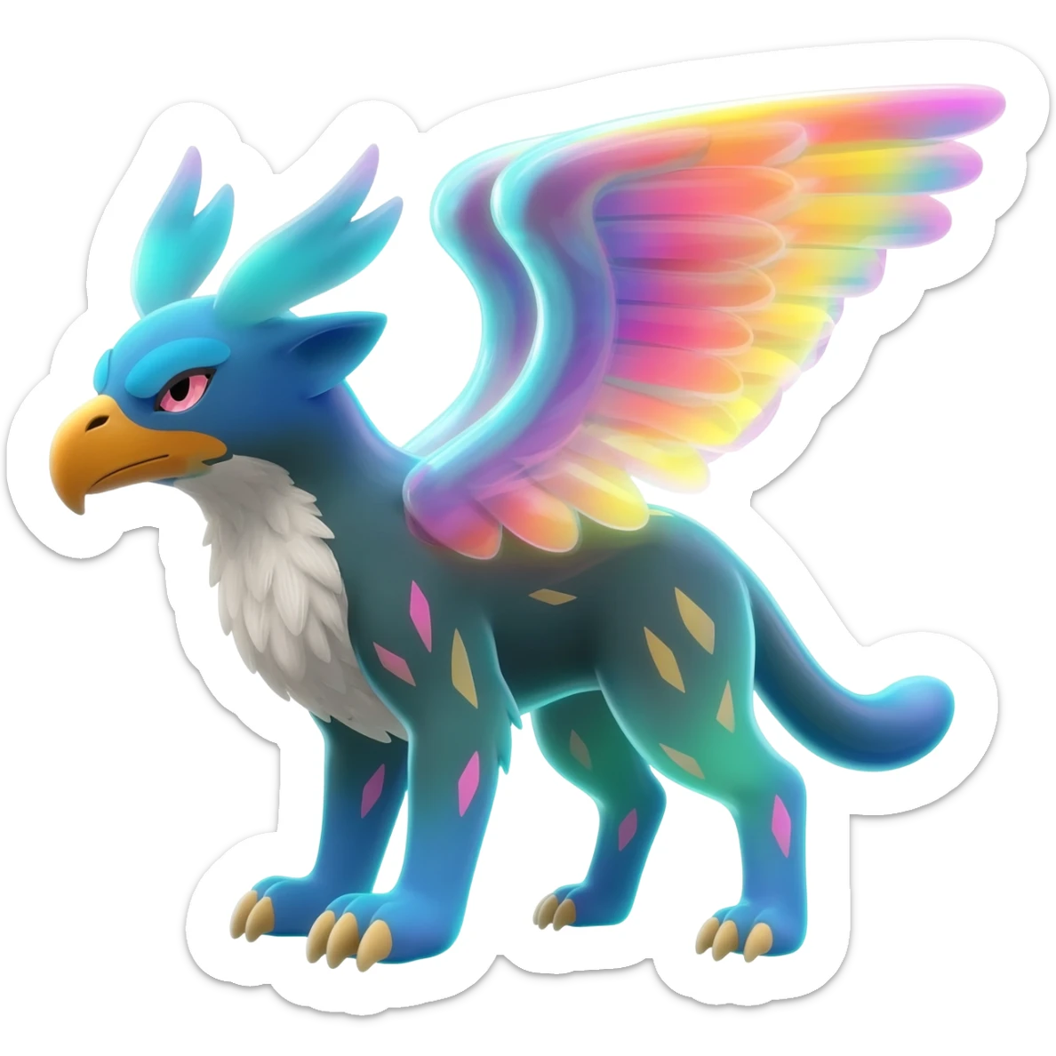 Sharp realistic Colorful translucent glowing Trico-Gryphon-Griffin-Griffsnuff-Sergal-Furret-Ferret-Wolverine-Vernid-furry-fursona-fusion-Fakemon-animal-hybrid-creature, full body sticker