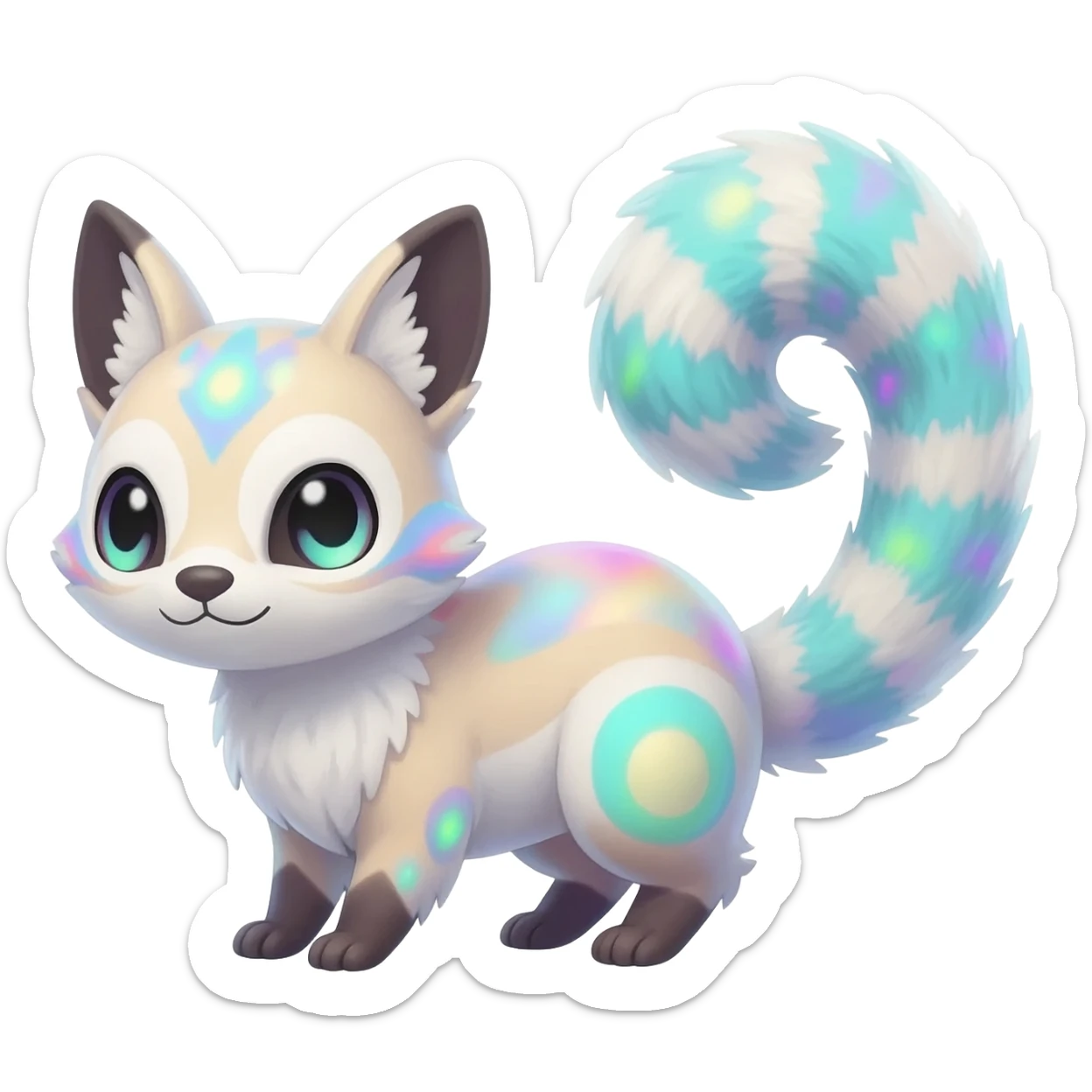  cute adorable whitish pastel fur with glowing bioluminescent random colorful markings iridescent beautiful elegant pretty precious cute young youthful  Fakémon-Pokémon-alien-opossum-feline-serval-caracal-chinchilla-Minccino-hybrid-creature with a big fluffy bushy striped tail (full body) sticker