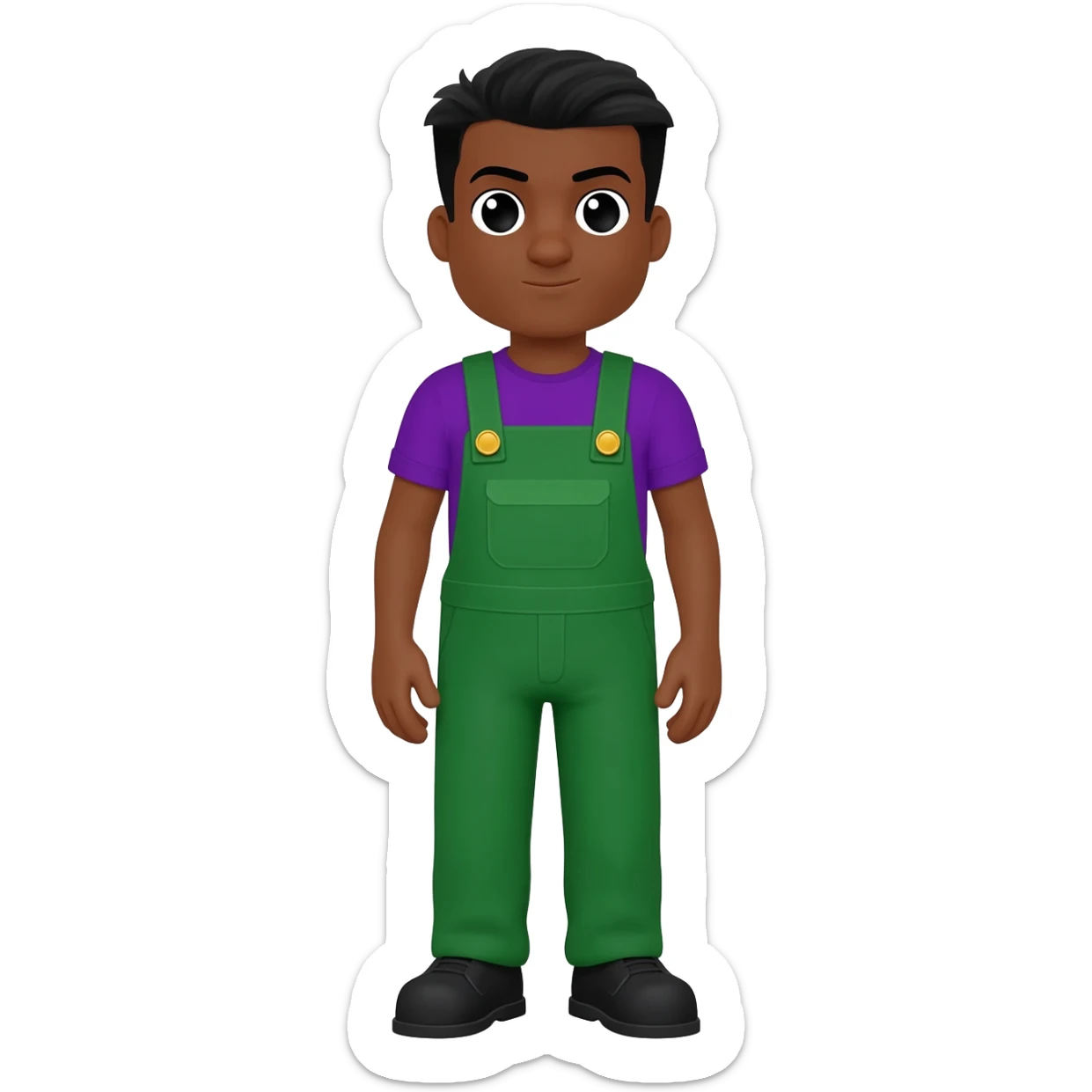 Cartoon black male around face green overall two gold buttons and purple shirt and black shoes black hair full body sticker