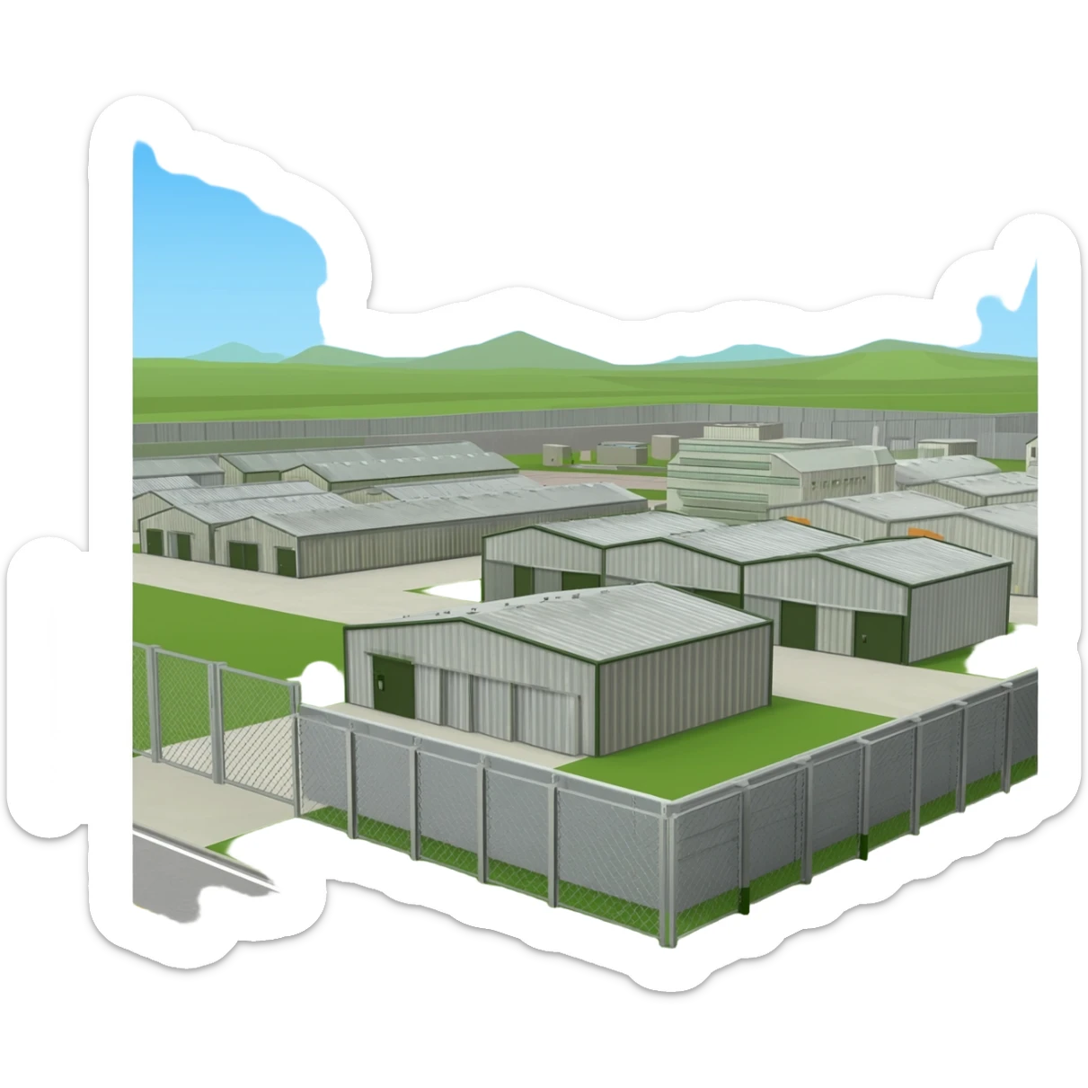 a military industrial building from an overhead view in a foreign country in the style of dark realism sticker