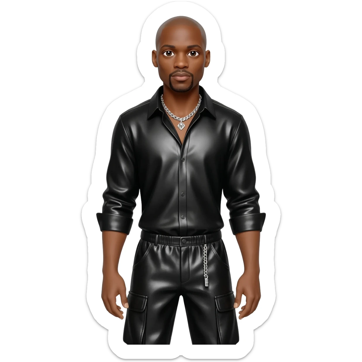 Tyrese Gibson with bald head, black metallic shirt, black metallic baggy pants, silver necklace sticker