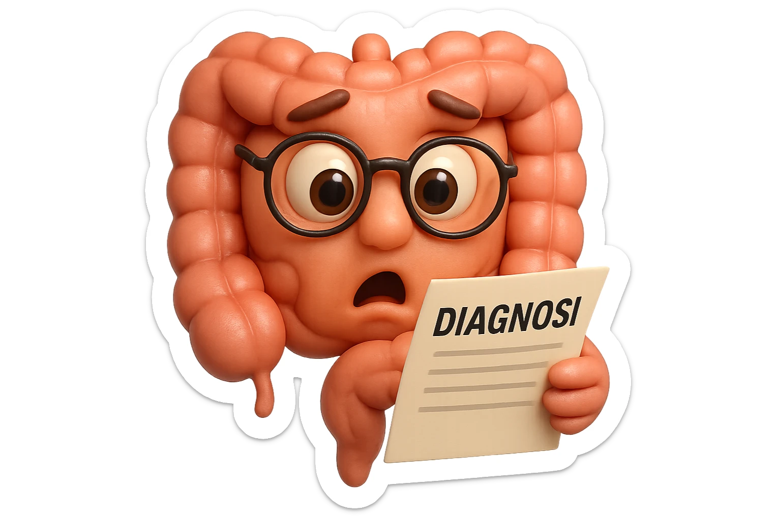 EMOJI STILE IPHONE DI UN INTESTINO CON GLI OCCHIALI CHE LEGGE UN FOGLIO CON LA SCRITTA DIAGNOSI, ESPRESSIONE STUPITA IN VOLTO, IPERREALISTICO 4K sticker