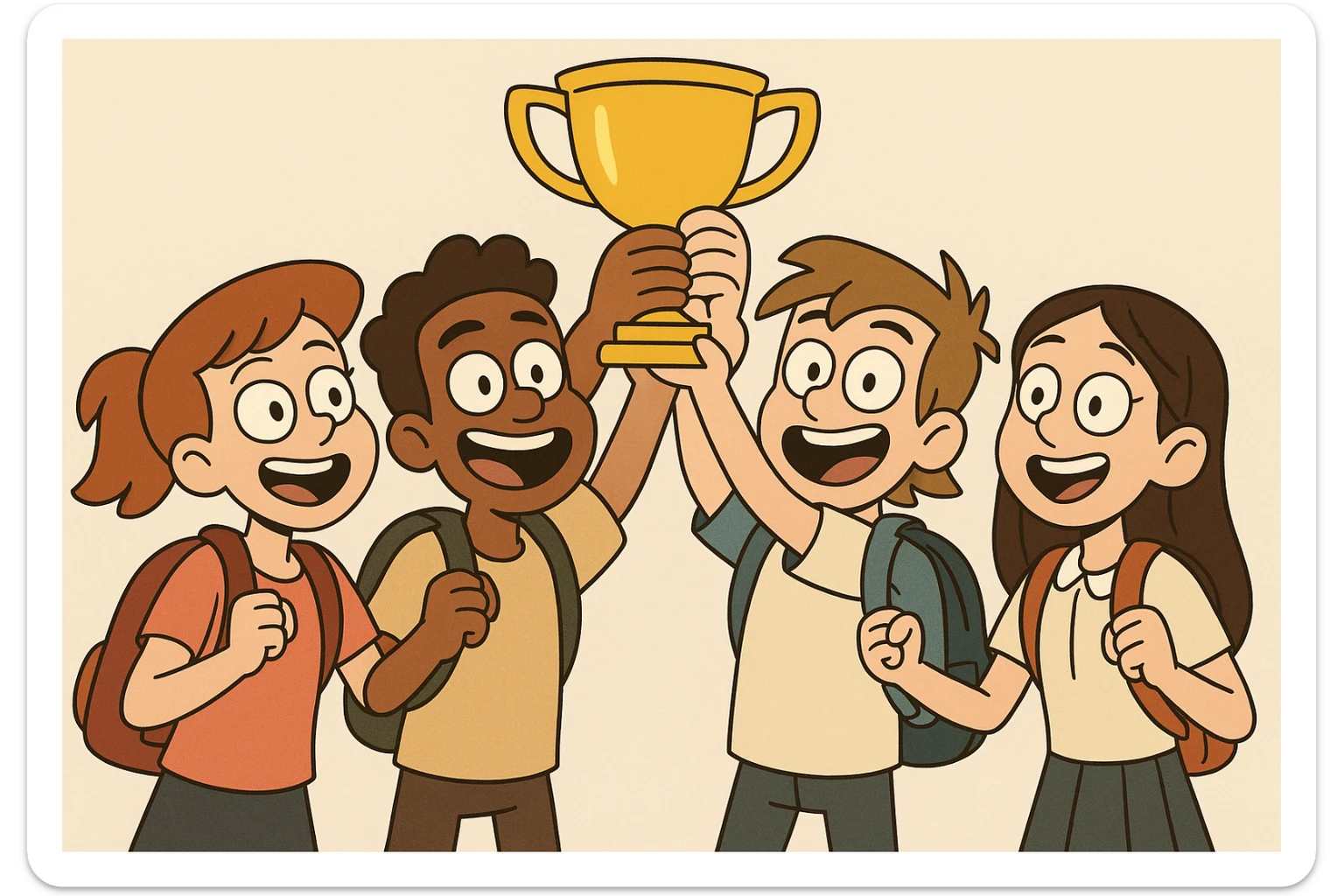 quatre jeunes étudiants, deux filles deux garçons, brandissant un trophée, style flat design moderne sticker