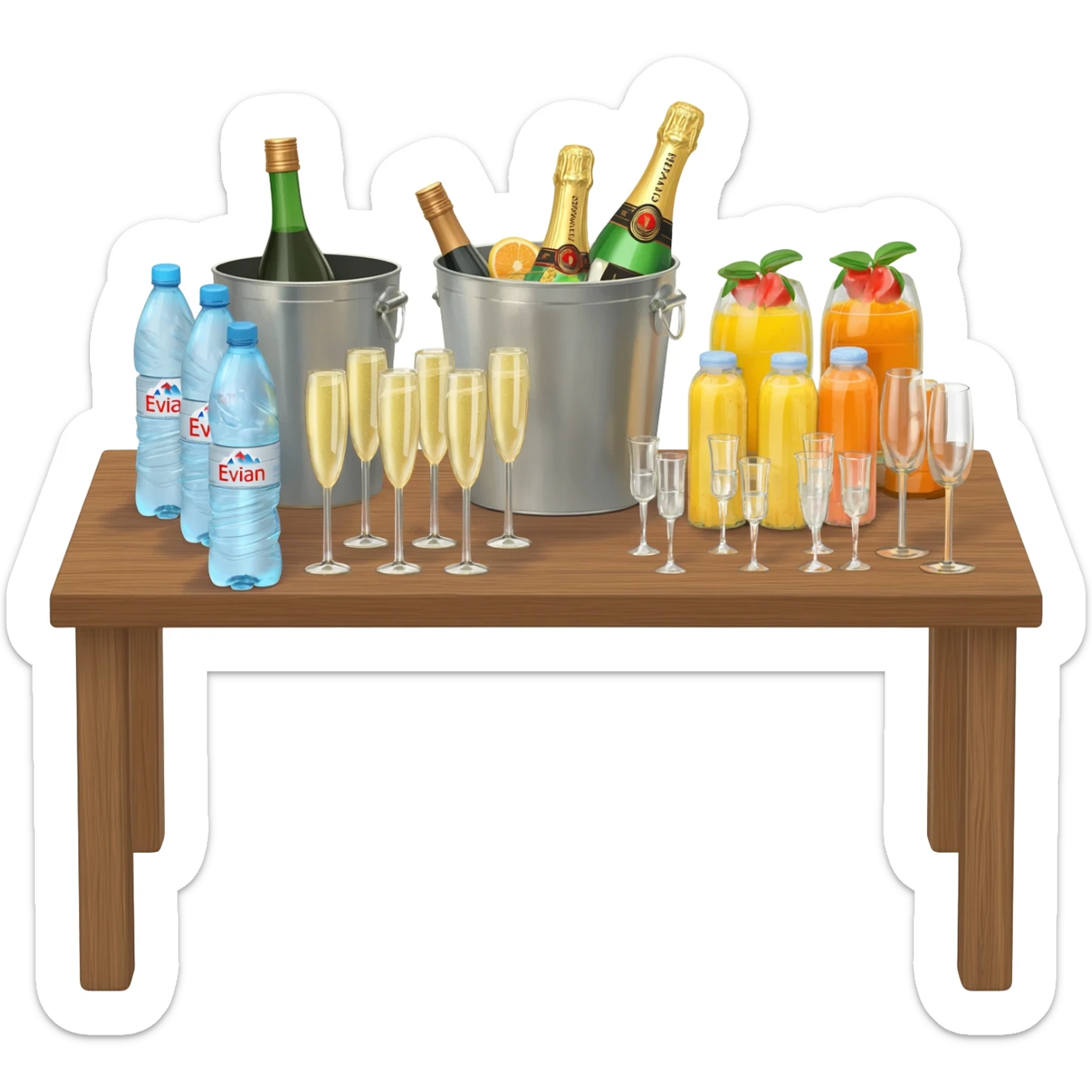 Our table was stacked with large bins filled with bottles of liquor and champagne, little Evian waters and juices, and rows of champagne flutes and glasses. sticker