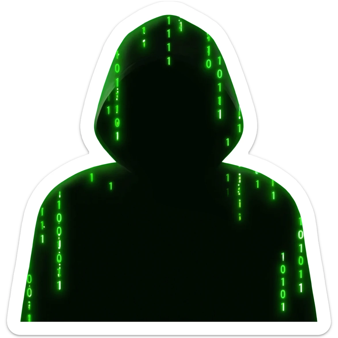 Binary system and "hacker" look, no face, back hoodie, green aura sticker