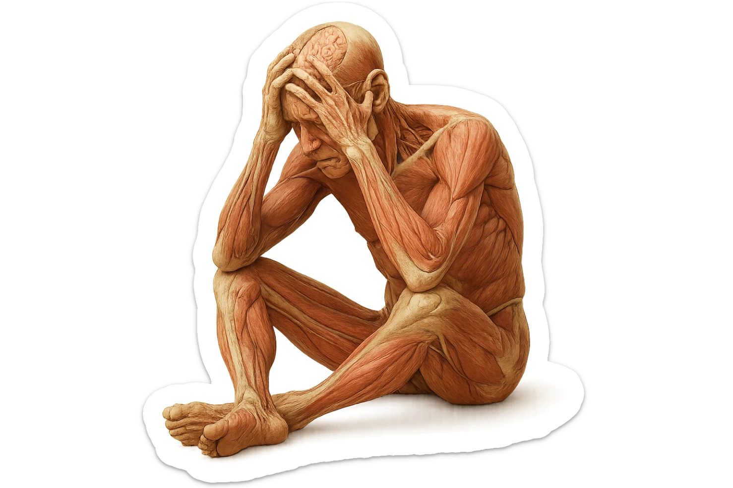 corpo umano anatomico realistico seduto a terra con postura delle spalle chiuse, mani sulla fronte ed espressione disperata in volto, isolato su sfondo bianco sticker