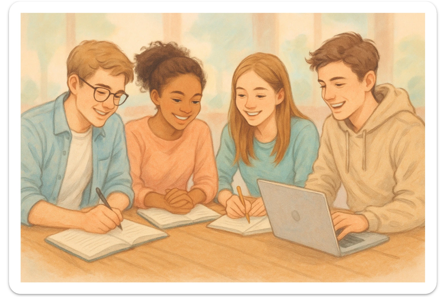 quatre jeunes étudiants, concentrés mais souriants, partageant des idées sur des cahiers et ordinateurs portables, ambiance amicale, fond flou mais agréable, style semi-réaliste, couleurs pastel sticker
