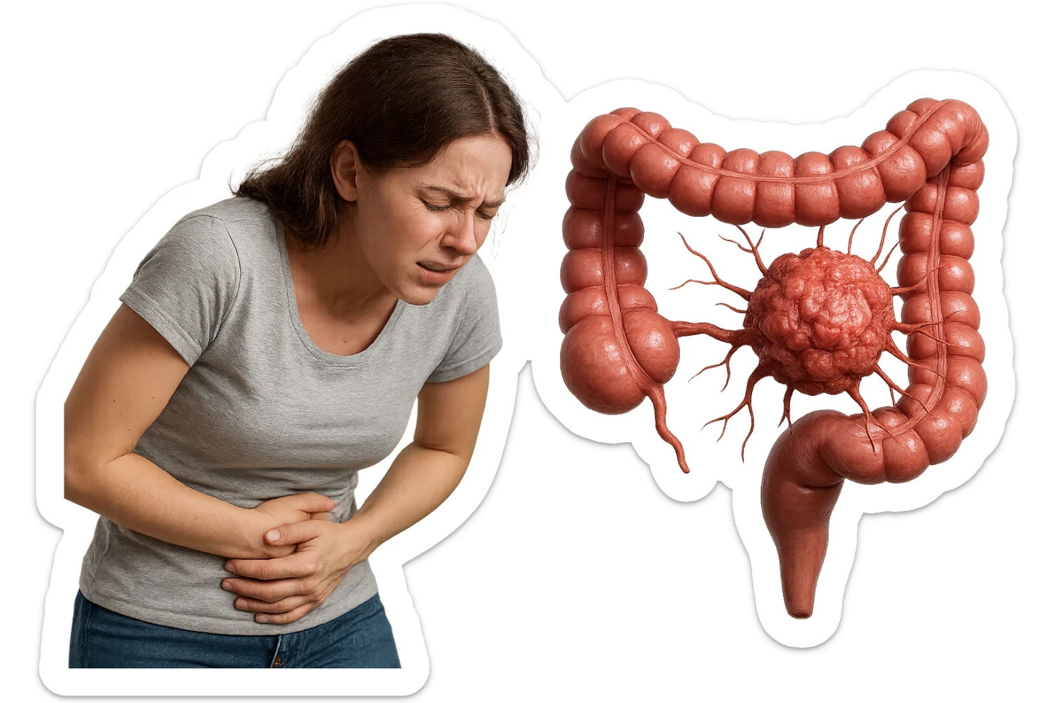 donna giovane piegata in avanti con mal di pancia e cellula tumorale che danneggia il colon, iperrealistica 4k sticker
