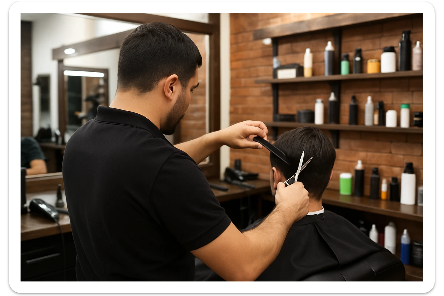 yuzi ko'rinmasin sartaroshxonada ishlayotganini tasvirlab ber sticker