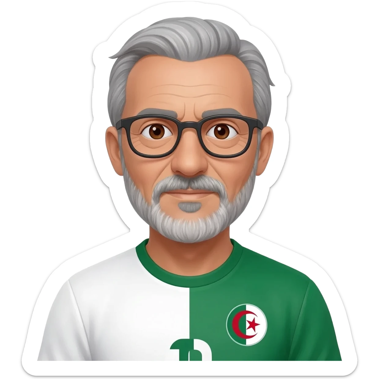 homme algérien peau claire à lunettes yeux marrons 67 ans cheveux gris avec barbe légèrement grisonnant avec maillot blanc et vert foot Algérie sticker