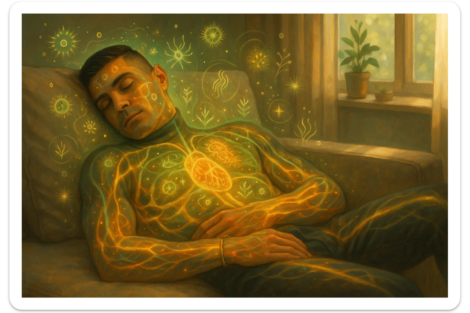 Uomo sdraiato su un divano nel primo pomeriggio, mentre fa un breve riposino. Il suo corpo appare parzialmente trasparente o stilizzato, con luce calda e flussi energetici dorati e verdi che scorrono attraverso muscoli, cervello, e organi. Intorno a lui si vedono piccoli simboli di rigenerazione: cellule che si rinnovano, tessuti che si illuminano, aura rilassata. L'ambiente è calmo e ordinato, luce naturale che entra da una finestra, atmosfera rigenerante, stile realistico con accenti metaforici. sticker