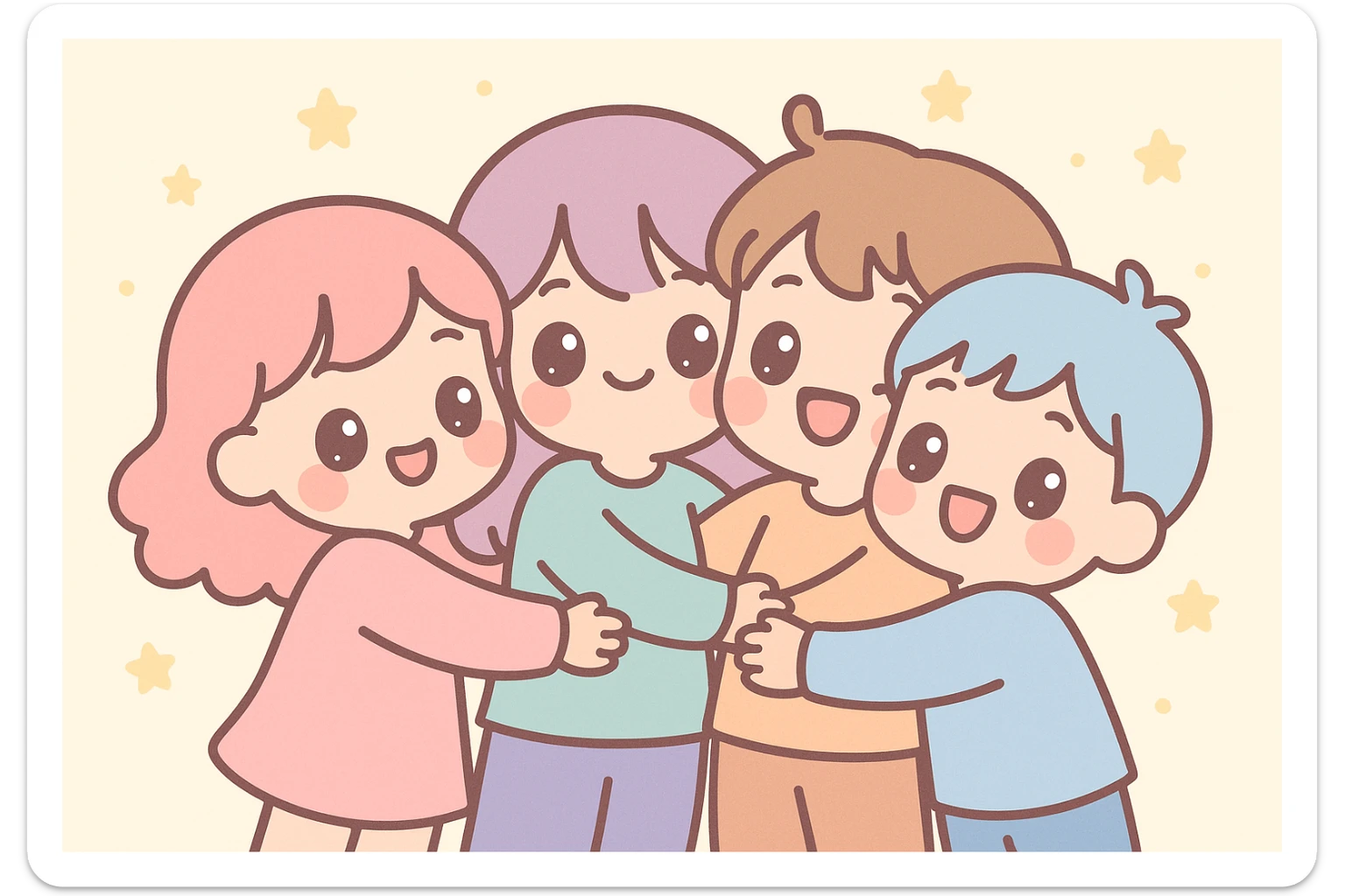 a group of friends hugging, kawaii style, cute, soft colors, big eyes, warm and friendly atmosphere sticker