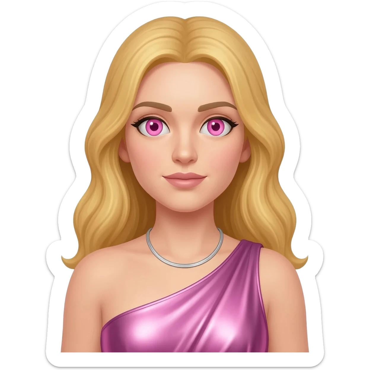 Aphrodite from Greek Mythology with pink eyes, long blonde hair, pink metallic one shoulder dress, silver necklace sticker