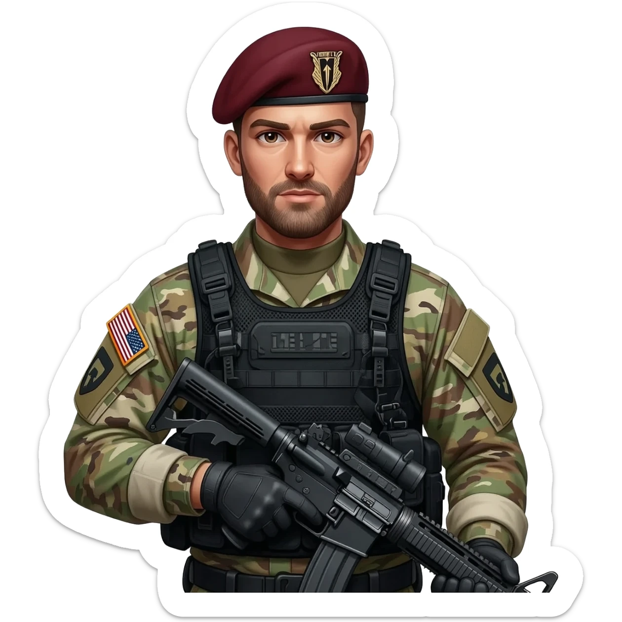 A US army soldier in combat gear, with a maroon beret like in the 82nd airborne sticker