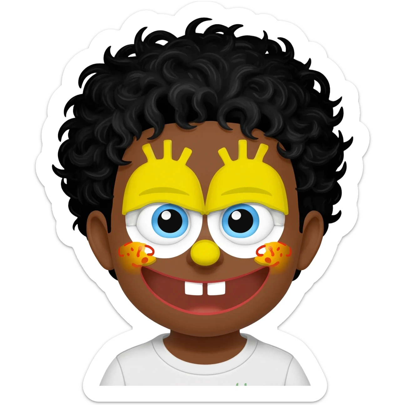 Make a brown boy with black curly hair have a SpongeBob face paint sticker