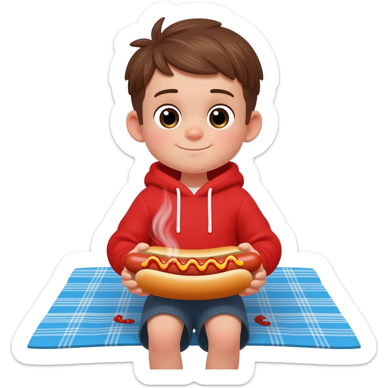 A boy eating a hotdog sticker