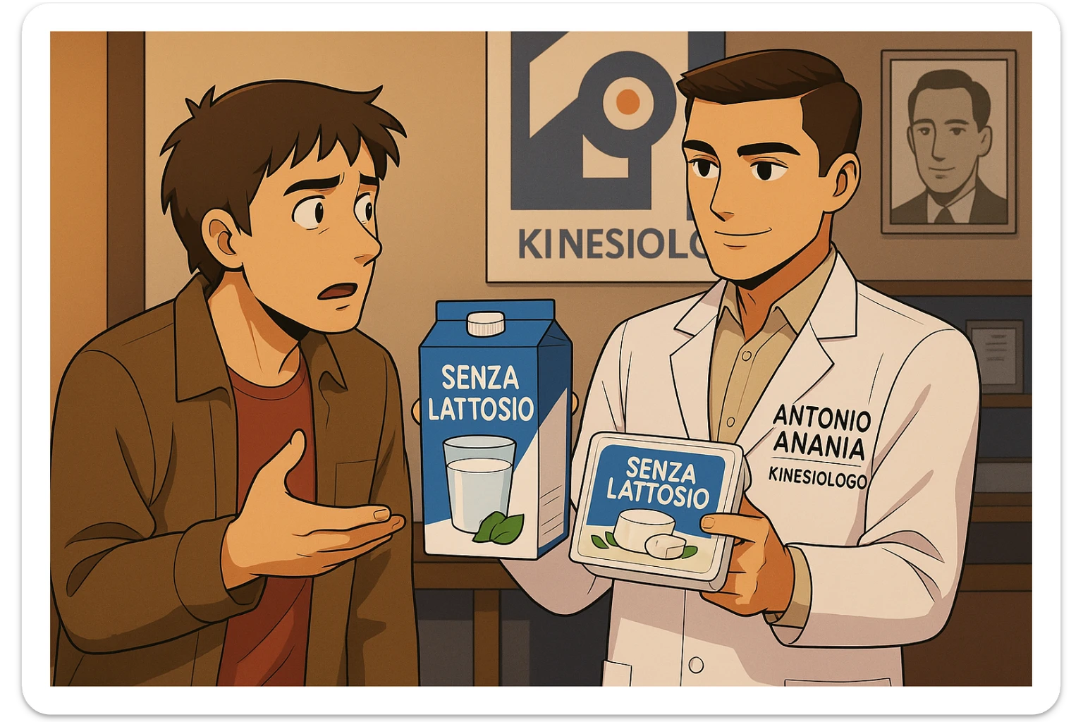 fai un webtoon manga a colori con questo stile, in cui un uomo ASCOLTA Il kinesiologo con il camice bianco (fagli anche la scritta "ANTONIO ANANIA" SUL CAMICE, IL KINESIOLOGO SPIEGA ALL'UOMO UNA MOSTRANDO VARI PRODOTTI DA SUPERMERCATO CONFEZIONATI (TIPO SCATOLA DI LATTE SENZA LATTOSIO, MOZZARELLA SENZA LATTOSIO), OGNI CONFEZIONE HA LA SCRITTA "SENZA LATTOSIO SULL'ETICHETTA. L'UOMO OSSERVA IL KINESIOLOGO CON ESPRESSIONE CONFUSA IN VOLTO. non fare i fumetti però, fai solo in modo che sembri stiano parlando sticker