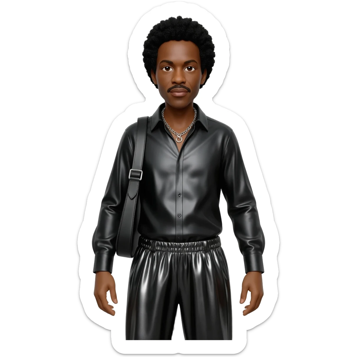 Ike Turner with black hair, black metallic shirt, black metallic baggy pants, silver necklace sticker