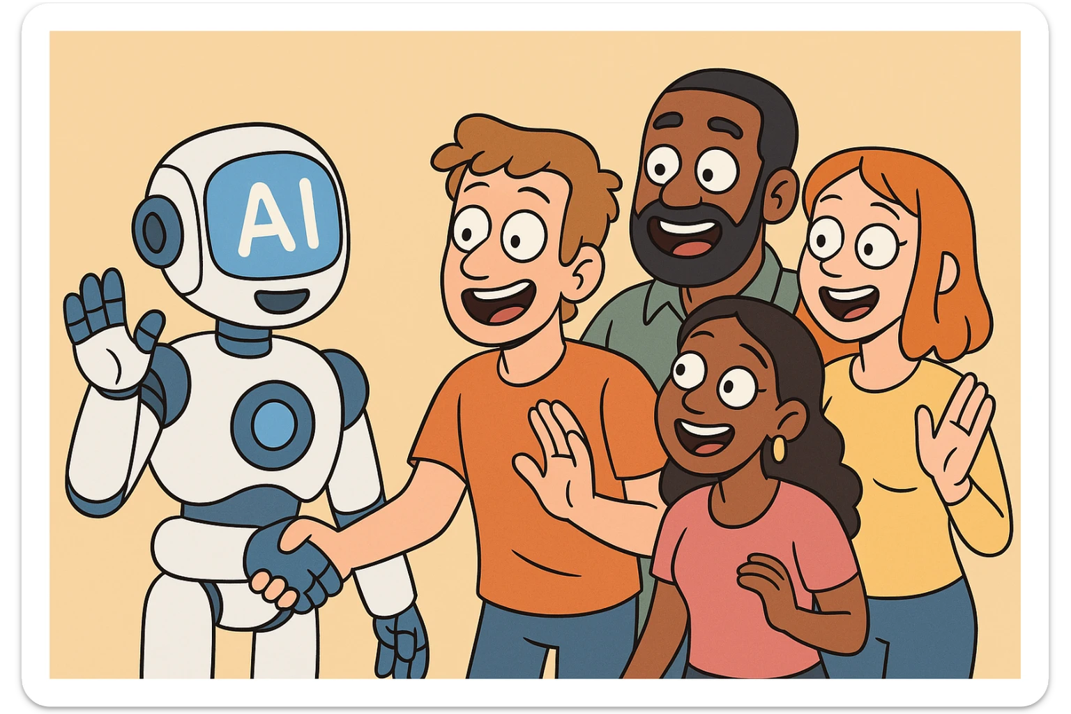 AI and People, playful cartoon, friendly robots and diverse people, bright colors sticker