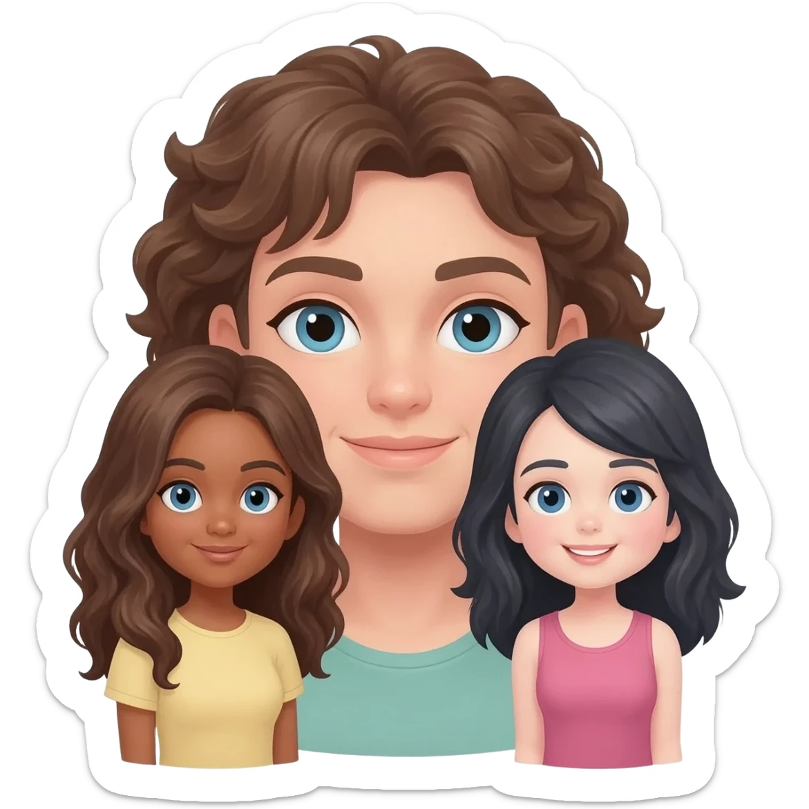 Trio girl best friends one with tan skin and brown hair, one with dark black hair and blue eyes and white skin, and one with brown hair and blue eyes and white skin sticker