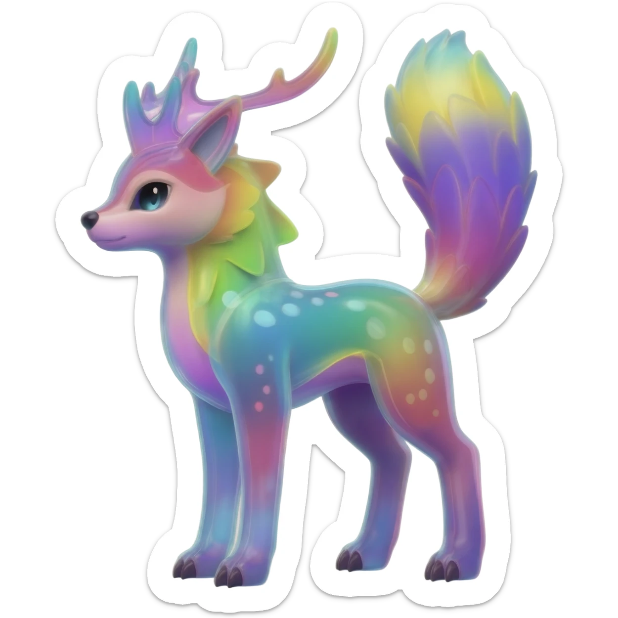 Colorful translucent luminescent glowing Trico-Sergal-Furret-Ferret-Wolverine-Vernid-furry-fursona-fusion-Fakemon-animal-hybrid-creature, full body sticker